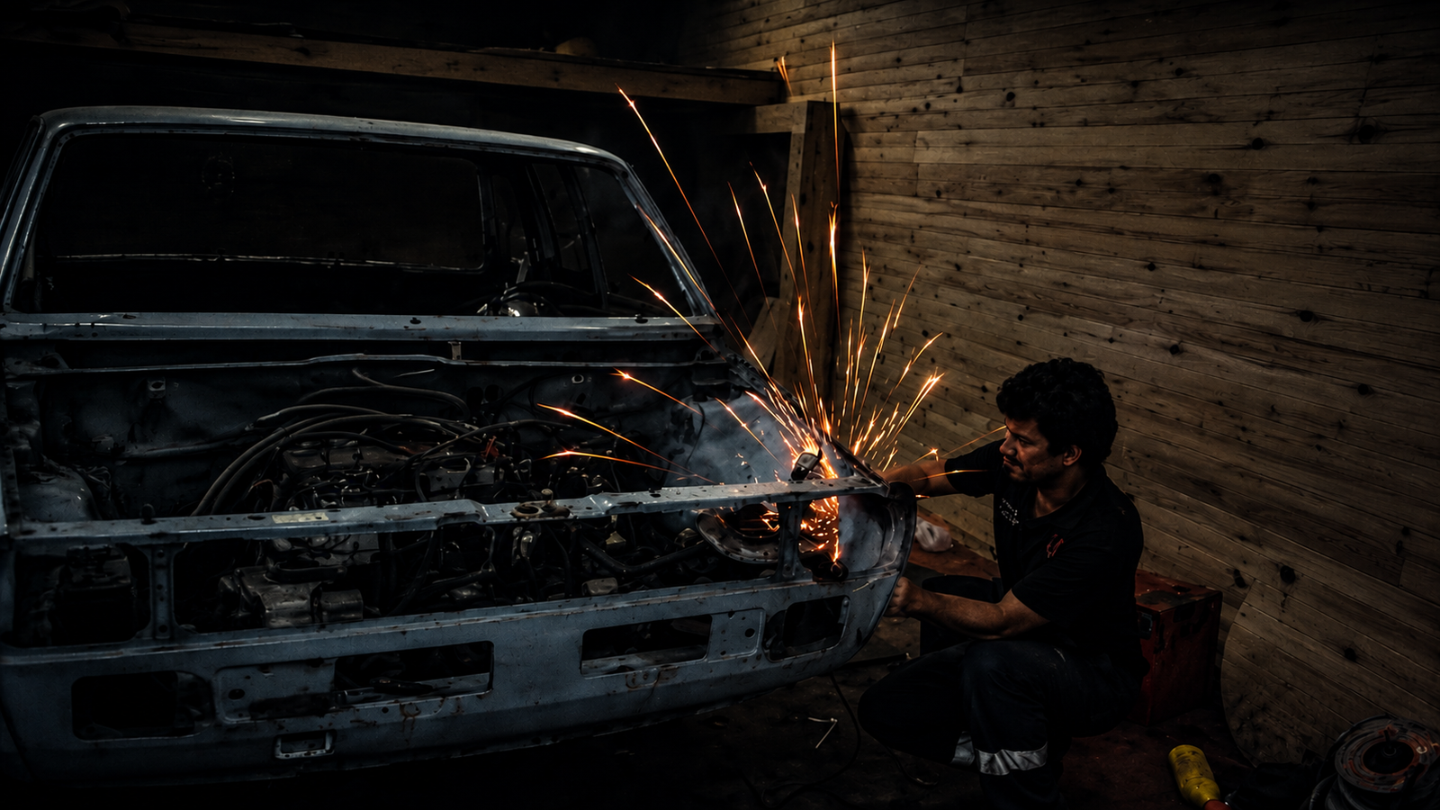 Trabajando con una radial en un coche antiguo durante una reparación