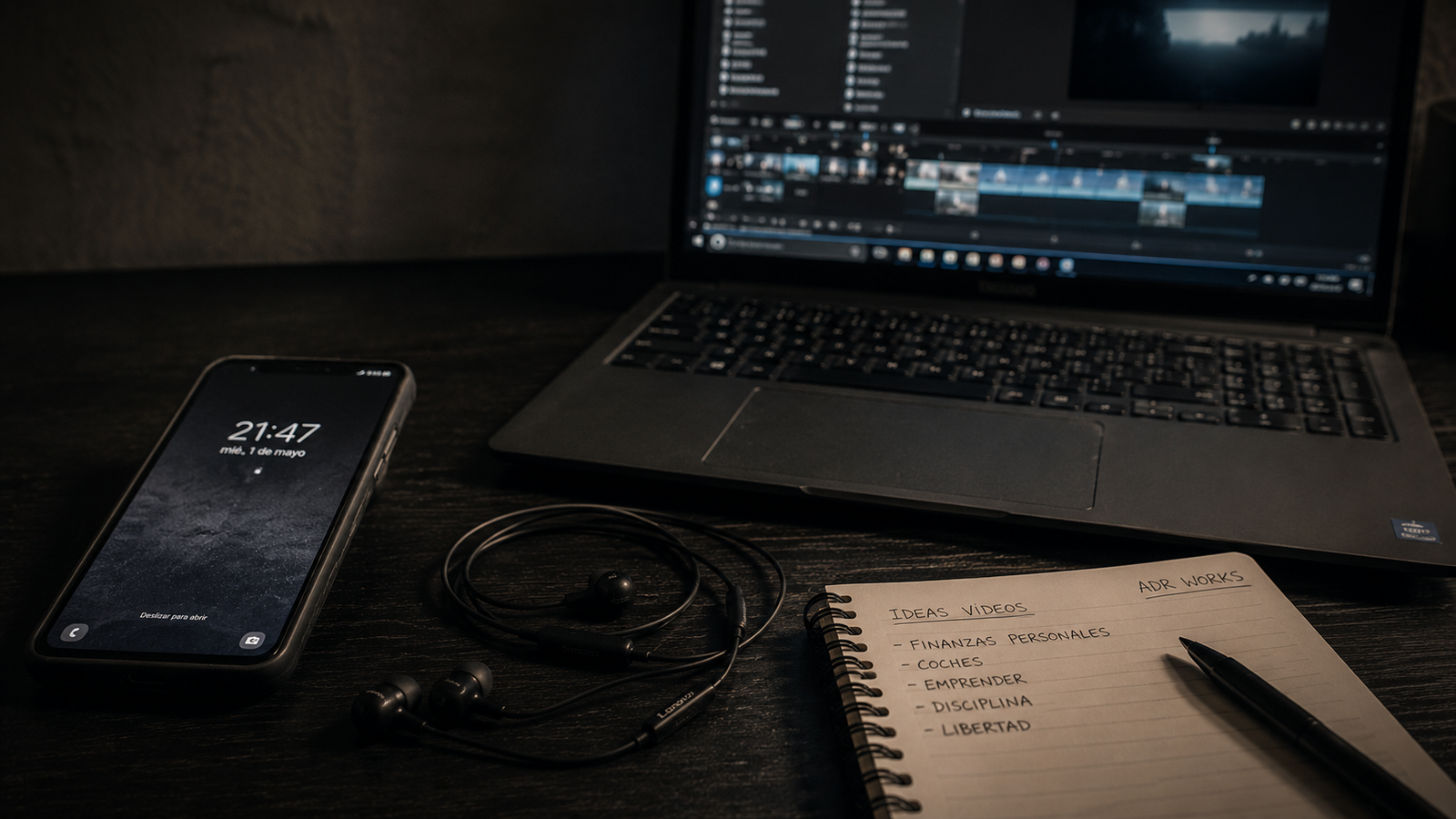 Equipo sencillo para crear contenido formado por teléfono móvil, auriculares, ordenador y libreta