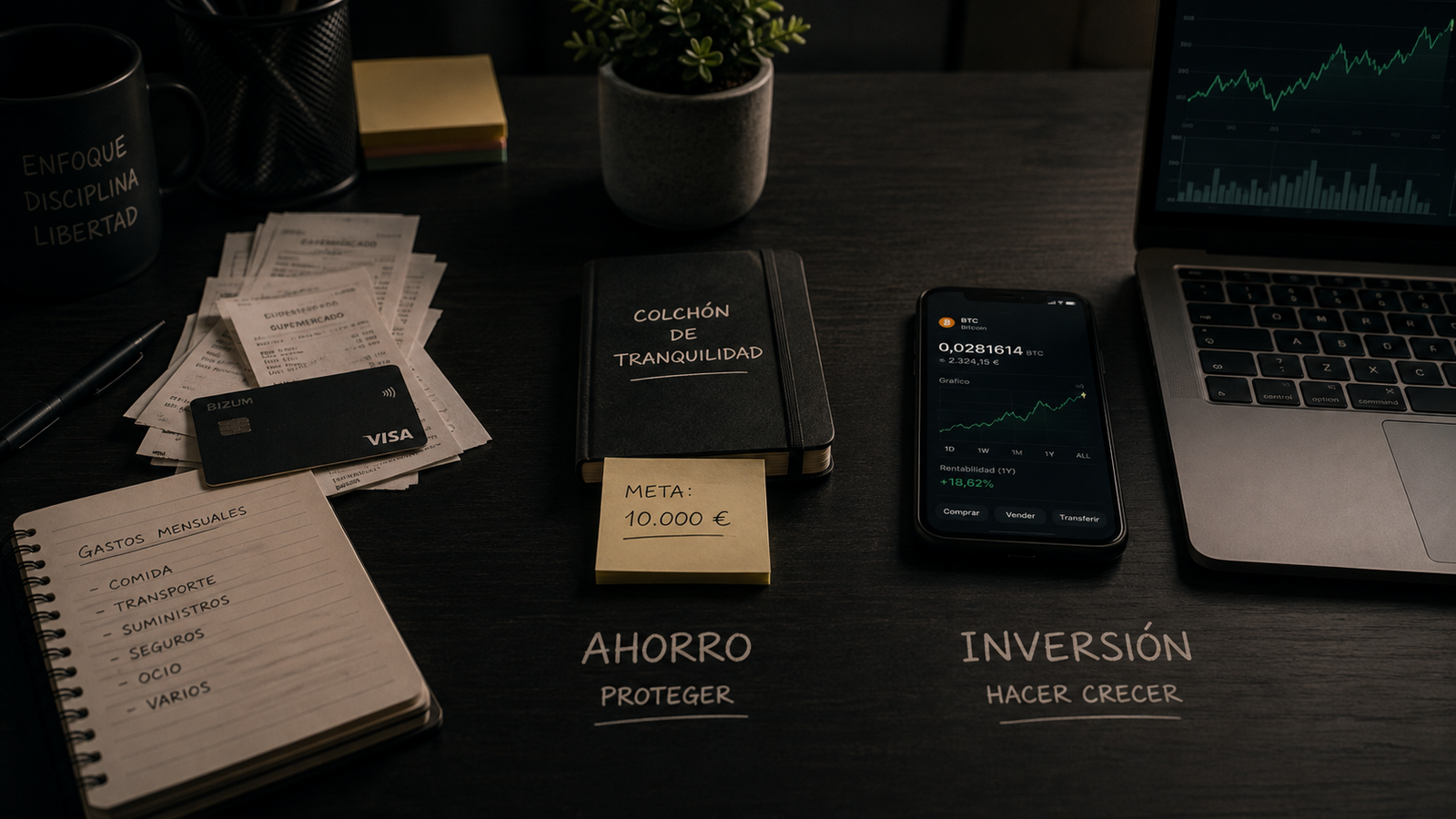 Organización del dinero entre gastos mensuales, ahorro para tranquilidad e inversión a largo plazo