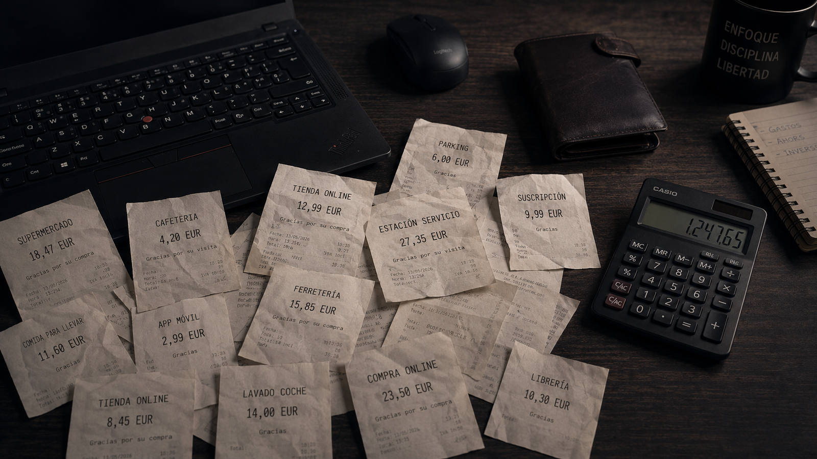 Mesa con numerosos tickets de pequeños gastos, cartera, ordenador y calculadora mostrando una suma acumulada