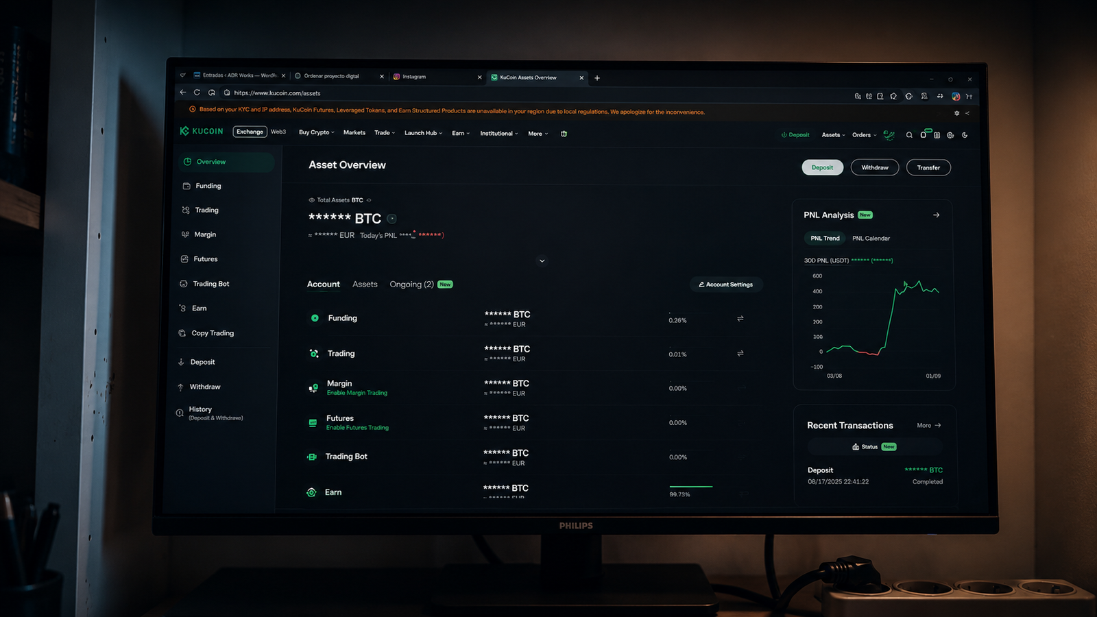 Panel de KuCoin utilizado para gestionar Bitcoin y productos Earn