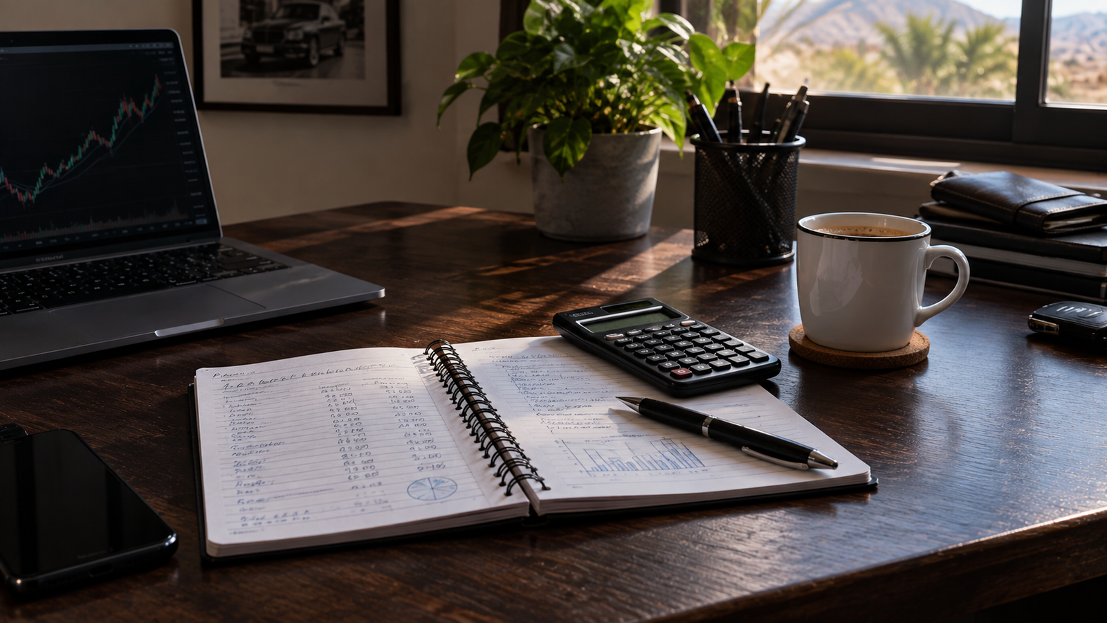 Escritorio con libreta, calculadora y planificación financiera