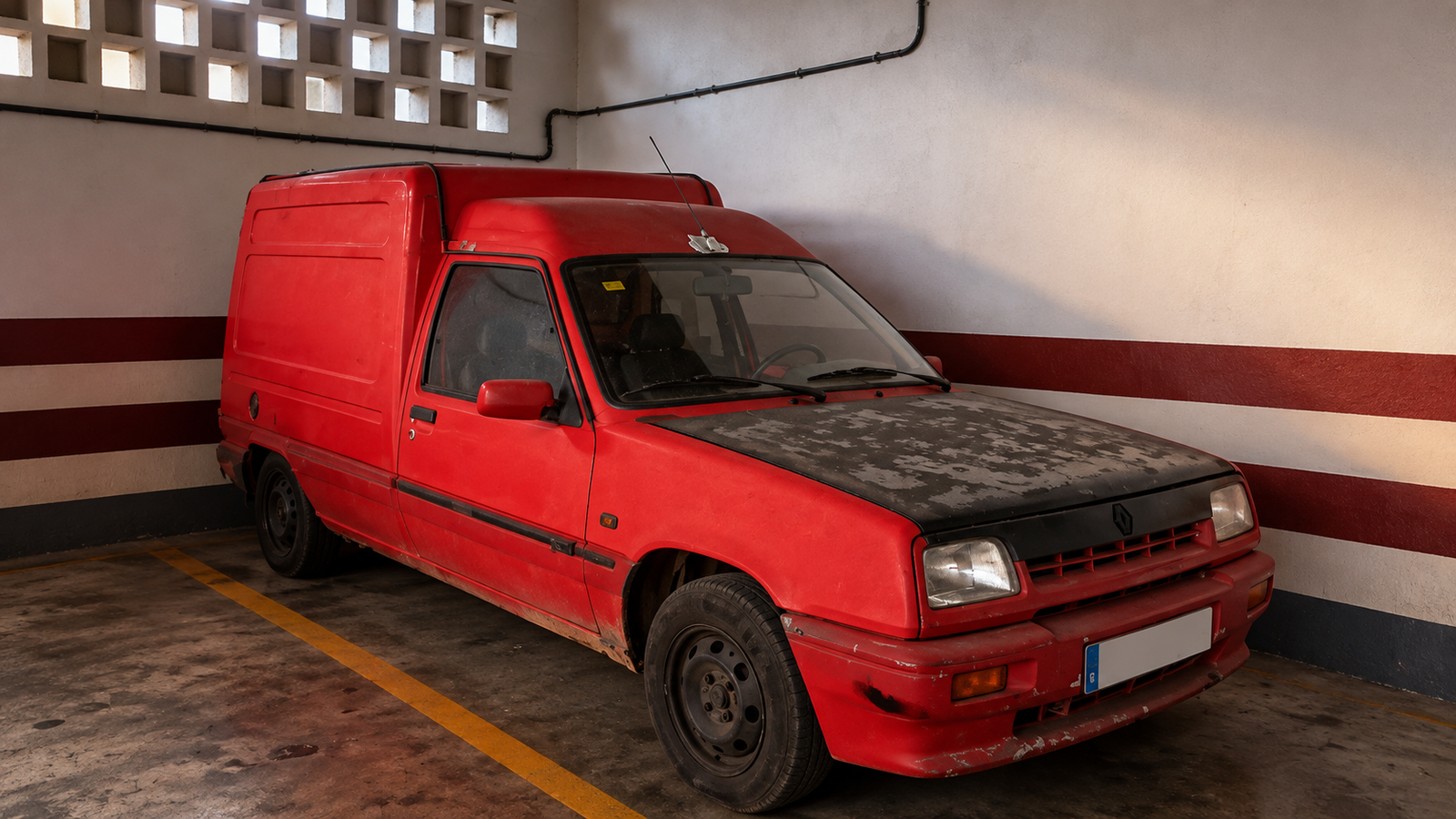 Renault Express roja antigua aparcada en un garaje