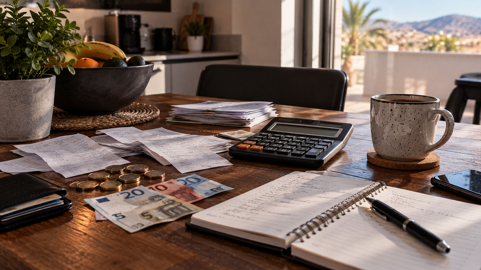 Mesa con recibos, calculadora, dinero y libreta para organizar las finanzas personales