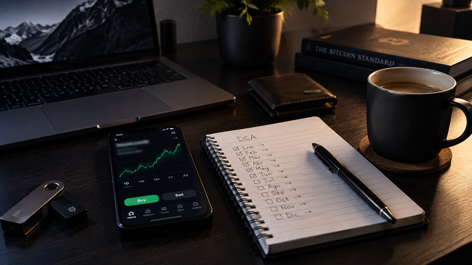 Mesa de trabajo con móvil, libreta y seguimiento de compras periódicas de Bitcoin