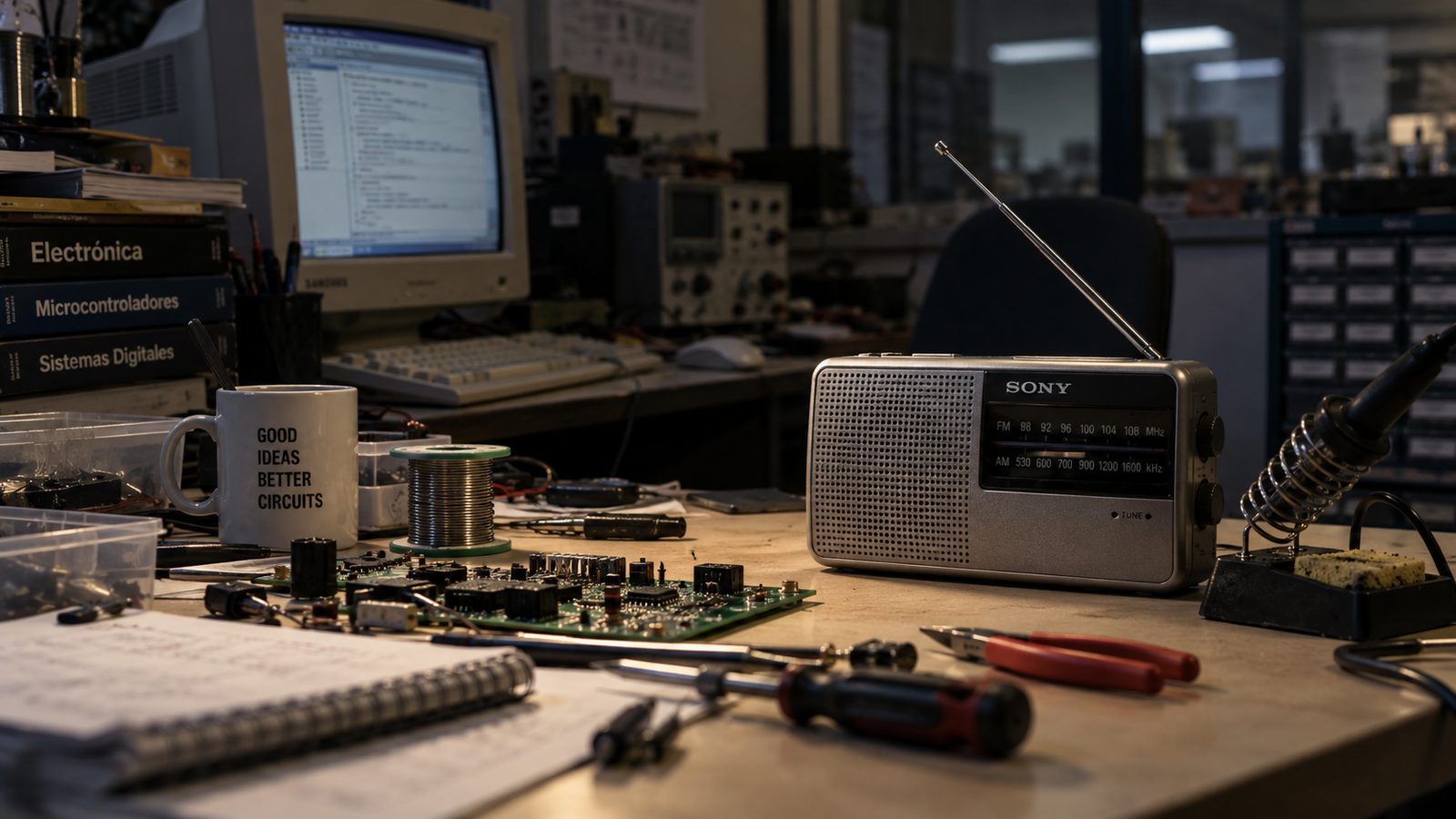 Mesa de trabajo de electrónica con una radio y un ordenador de principios de los 2000